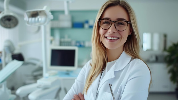 Uma dentista sorridente na clínica.