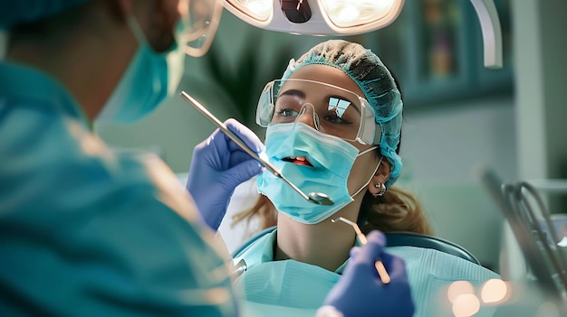 Uma dentista usando uma máscara e óculos de segurança examina os dentes de um paciente com um espelho bucal e uma sonda dental