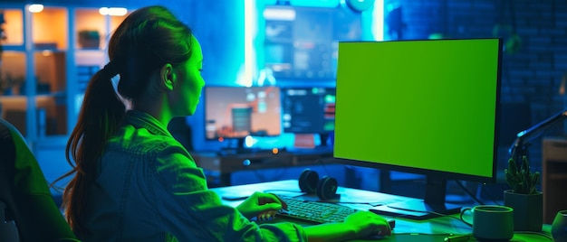 Foto uma desenvolvedora de jogos asiática codifica em um computador de mesa com telas verdes em exibição em seu estúdio de design de jogos ela trabalha em engenharia de jogabilidade para um novo jogo de rpg 3d imersivo