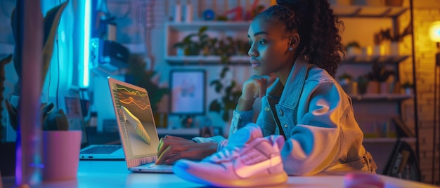 Foto uma designer afro-americana usa um protótipo de modelo 3d em uma tela de laptop para aplicar seus próprios padrões a sapatos um estúdio elegante à noite um conceito de moda de novas gerações