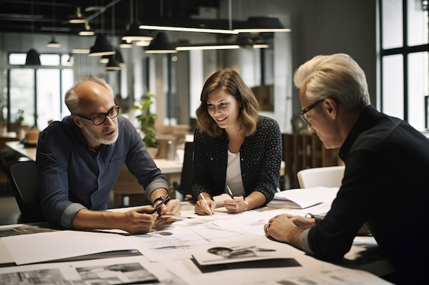 Uma designer experiente sentada em uma mesa colaborando com seus colegas Generative Ai