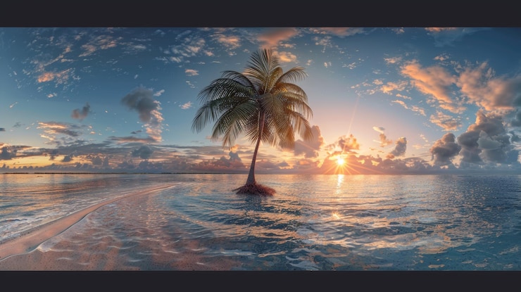 Foto uma deslumbrante ilha tropical ao pôr-do-sol com palmeiras de cores vibrantes e vista esférica