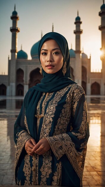 Uma deslumbrante mulher asiática adornada e de pé em frente a uma mesquita lindamente detalhada