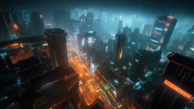 Uma deslumbrante paisagem urbana futurista à noite com torres