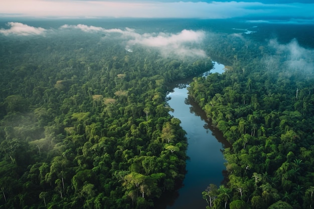 Uma deslumbrante vista aérea da exuberante floresta amazônica ao anoitecer, convidando-o a explorar