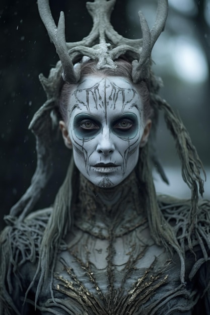 Uma deusa pagã escandinava nórdica com maquiagem mortal e uma coroa assustadora na cabeça generativa