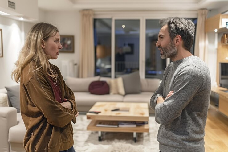 Foto uma discussão acalorada entre marido e mulher numa sala de estar moderna