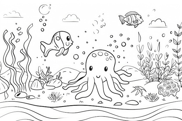 Uma divertida ilustração em preto e branco de peixes e vida marinha em estilo de desenho animado