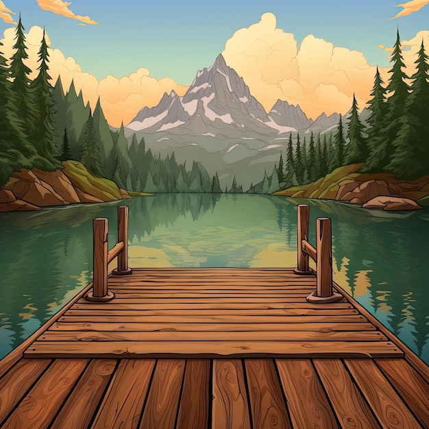Uma doca de madeira adjacente ao lago perto de uma floresta Ilustração Generative AI