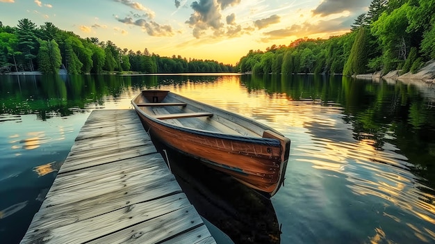Uma doca de madeira leva às águas calmas do lago imersivo
