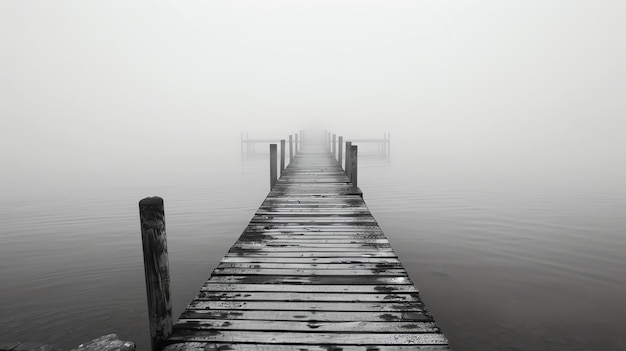 Foto uma doca de madeira se projeta em um lago quieto em um dia nebuloso a água é calma e quieta a doca é velha e desgastada a madeira é de cor castanha escura