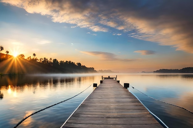 Uma doca em um lago com um pôr do sol ao fundo