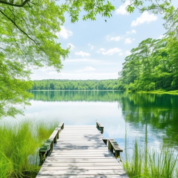 uma doca em um lago com vista para a floresta e as árvores.