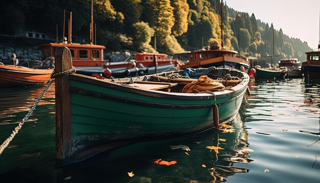 uma doca está empilhada com barcos debaixo dela no estilo de cores vibrantes na natureza