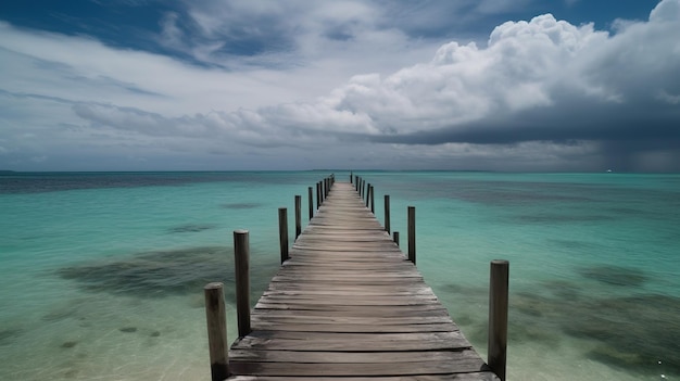 Uma doca no Caribe com um céu nublado ao fundo