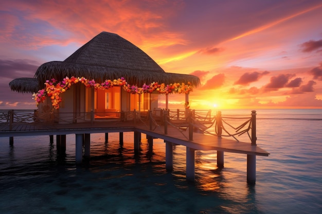 Uma doca serena e tranquila com uma cabana contra um pôr do sol vibrante em uma noite calma Bangalô aquático Pôr do sol nas ilhas das Maldivas Um lugar para sonhos Gerado por IA