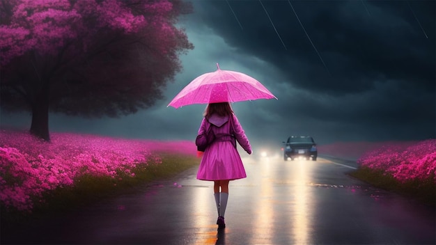 Uma doce garota está andando pela estrada com um guarda-chuva rosa