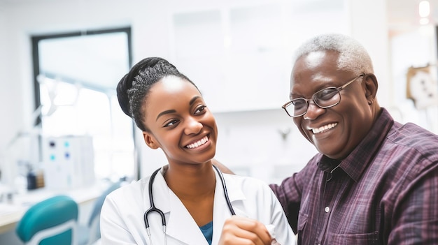 Uma doente idosa uma mulher afro-americana de pele escura em uma consulta com um médico em um modo