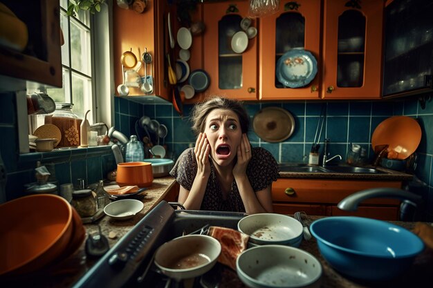 Uma dona de casa entra em pânico com uma cozinha bagunçada e pratos sujos