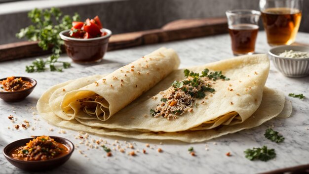 uma dosa sendo habilmente enrolada em uma superfície branca impecável cozinha sul-indiana