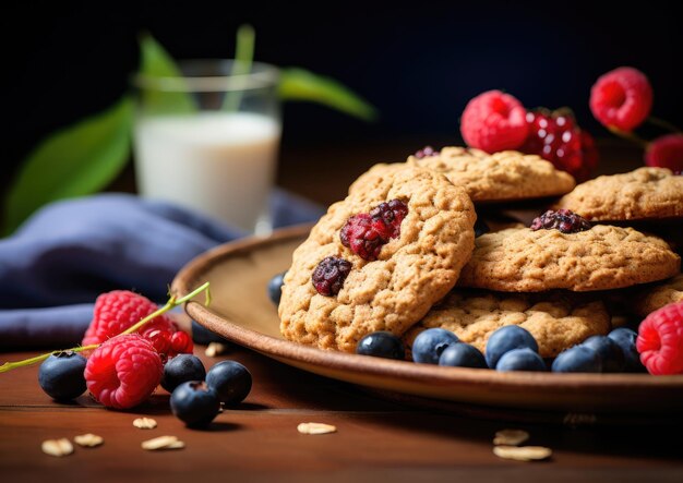 Foto uma dose de biscoitos de aveia acompanhados de frutas frescas