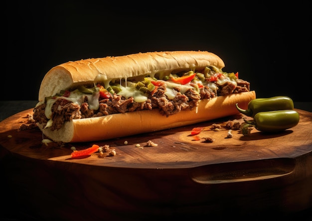 Uma dose de cheesesteak Philly com um lado de uma lança de picles