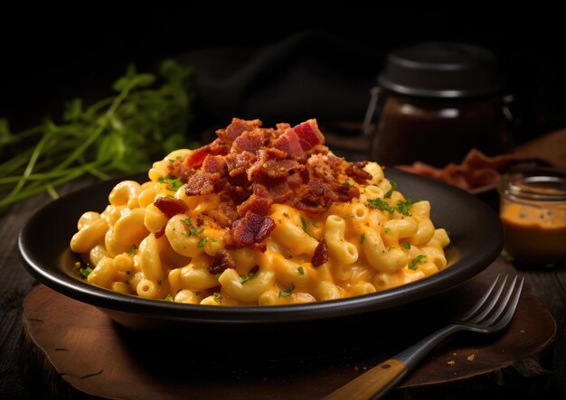 Foto uma dose de macarrão com queijo com acompanhamento de bacon crocante