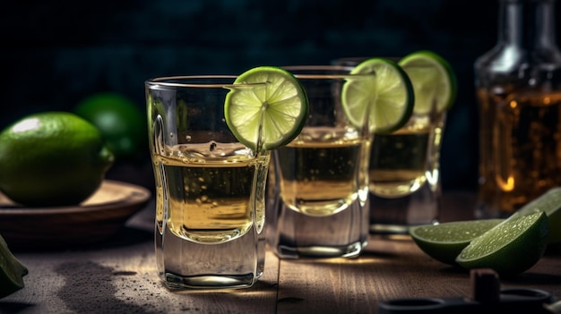 Uma dose de tequila com limão em uma mesa de madeira