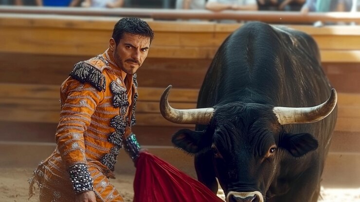 Foto uma dramática cena de corrida de touros em uma arena tradicional com um matador e um touro