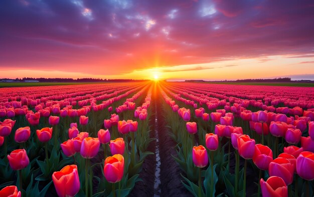 Foto uma dramática cena de primavera na fazenda de tulipas