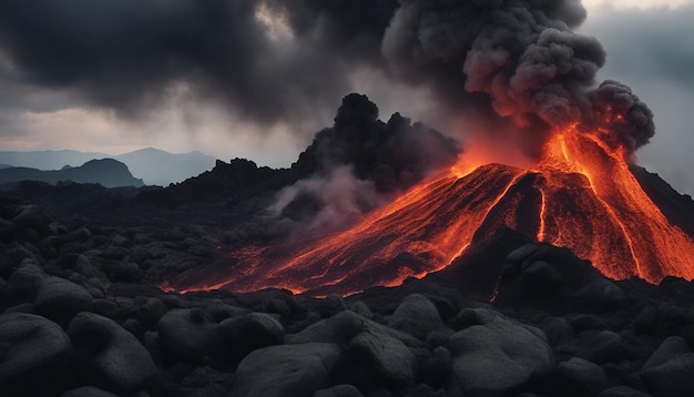 Uma dramática paisagem vulcânica com fluxos de lava derretida, rochas escurecidas e fumaça ondulante.