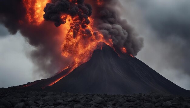 Uma dramática paisagem vulcânica com fluxos de lava derretida, rochas escurecidas e fumaça ondulante.