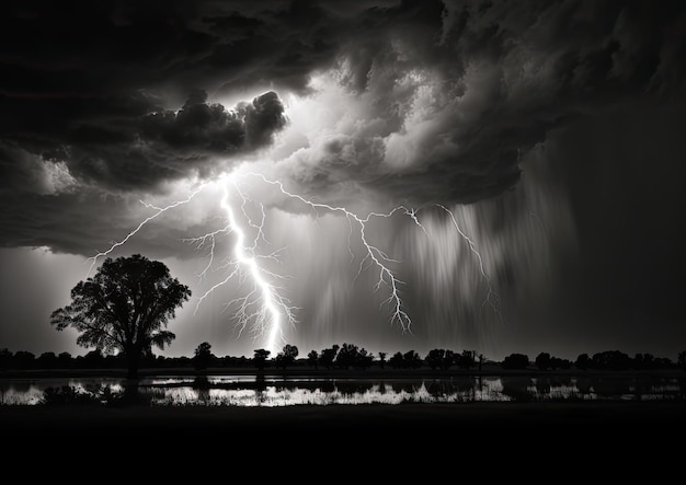 Uma dramática tempestade com raios iluminando um céu escuro capturada de uma distância segura A imagem é