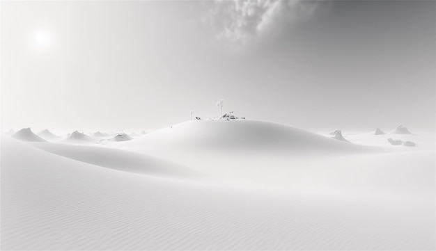 Uma duna de areia branca no deserto com um céu nublado ao fundo.