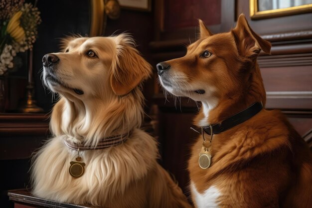 Uma dupla de cães e gatos trabalhando juntos para resolver um mistério em um drama de época criado com IA generativa