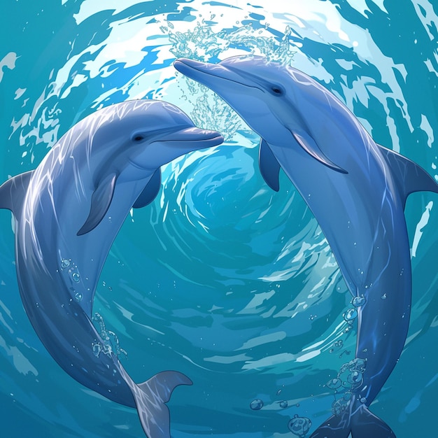 Foto uma dupla de golfinhos brincalhões nadando graciosamente criando uma cena marinha harmoniosa para postagens nas redes sociais