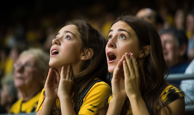 Uma dupla de mãe e filha absorta no jogo torcendo apaixonadamente por seu time