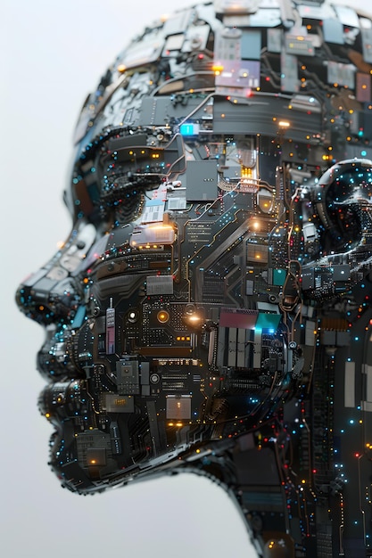 Uma dupla exposição da cabeça de um robô com uma cidade ao fundo