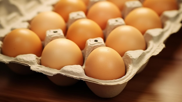 Uma dúzia de ovos dourados de perto estão em um pacote de papelão na mesa de madeira