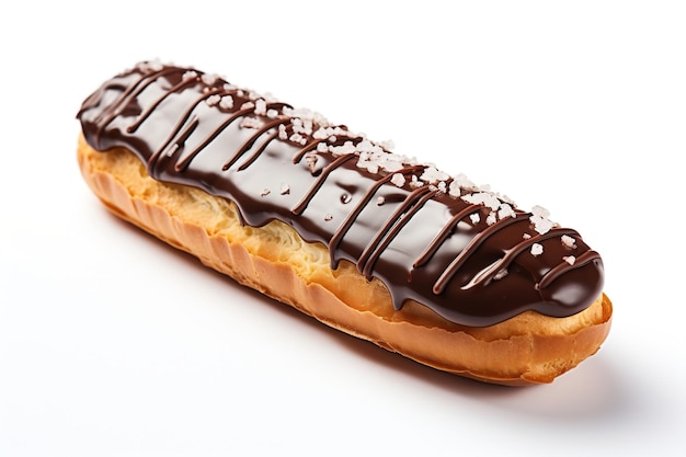 Uma Eclair de Chocolate em um fundo branco distinto Generative AI