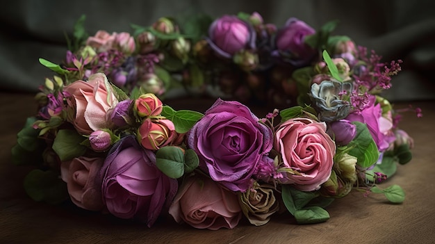 Uma elaborada coroa floral feita de rosas cor-de-rosa e roxas e hera verde gerada por IA
