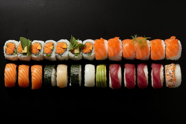 Uma elegância minimalista de IA generativa de um prato de sushi meticulosamente organizado