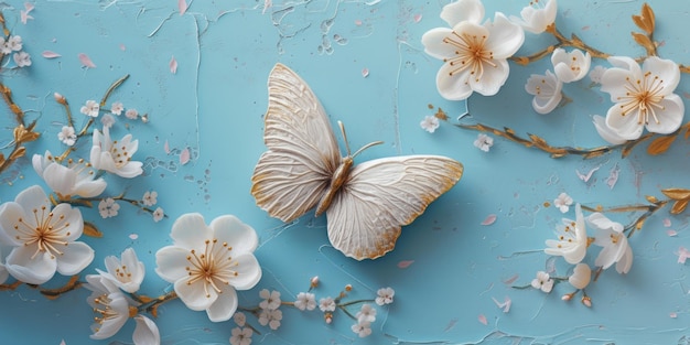Uma elegante borboleta localizada no centro entre flores brancas em flor, fundo azul texturizado decorado com rachaduras, caules e folhas douradas entrelaçadas entre flores, pétalas espalhadas.
