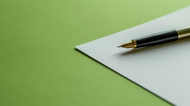 Uma elegante caneta preta repousa sobre um fundo verde