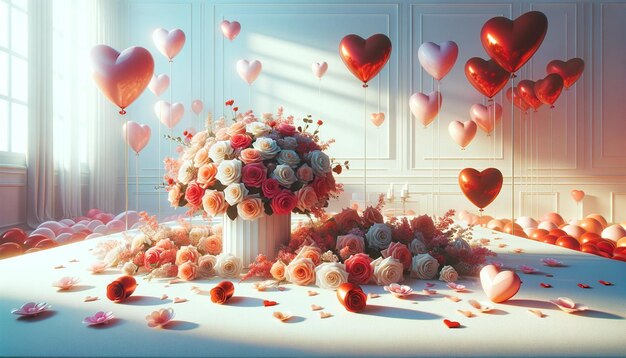 Uma elegante cena de ambiente do dia dos namorados com rosas e balões em forma de coração
