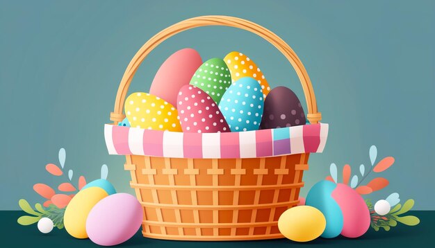 Uma elegante cesta de Páscoa com ovos primorosamente projetados e deliciosas guloseimas geradas por IA