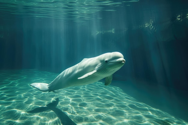 Uma elegante e brincalhona baleia-beluga desliza graciosamente pela água