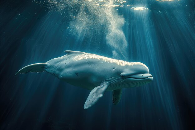 Uma elegante e brincalhona baleia-beluga desliza graciosamente pela água