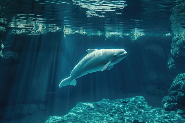 Uma elegante e brincalhona baleia-beluga desliza graciosamente pela água