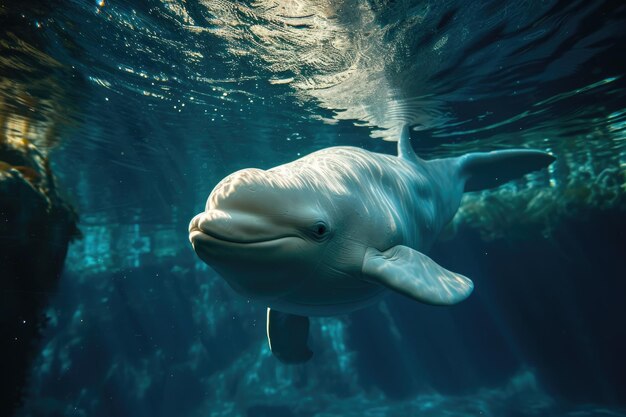 Uma elegante e brincalhona baleia-beluga desliza graciosamente pela água